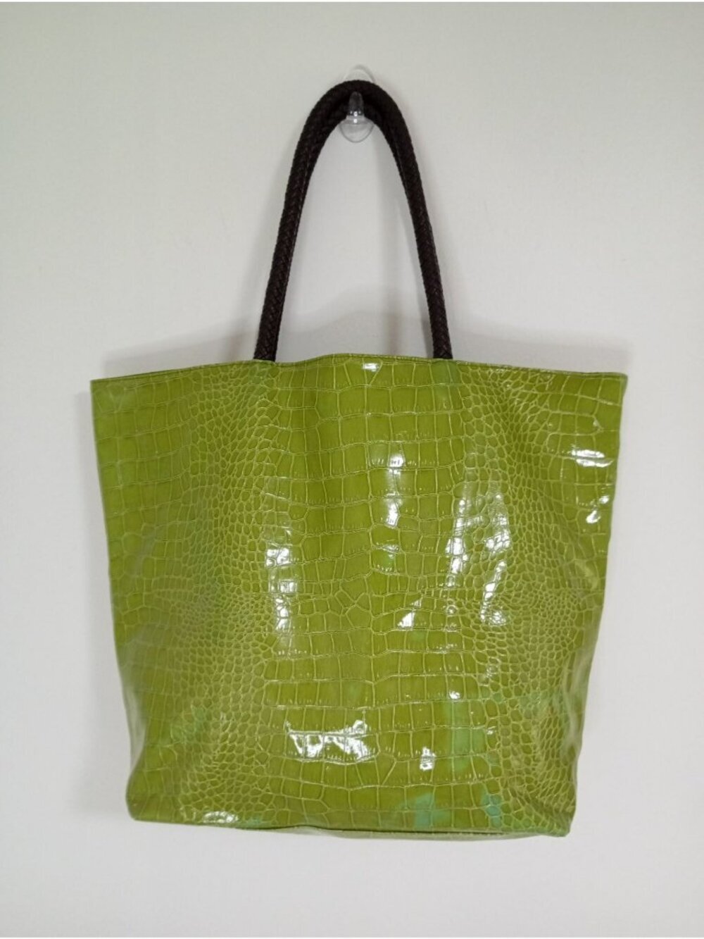 Neiman Marcus Green Croc-Embossed Vinyl Tote Bag With Brown Braided Handles